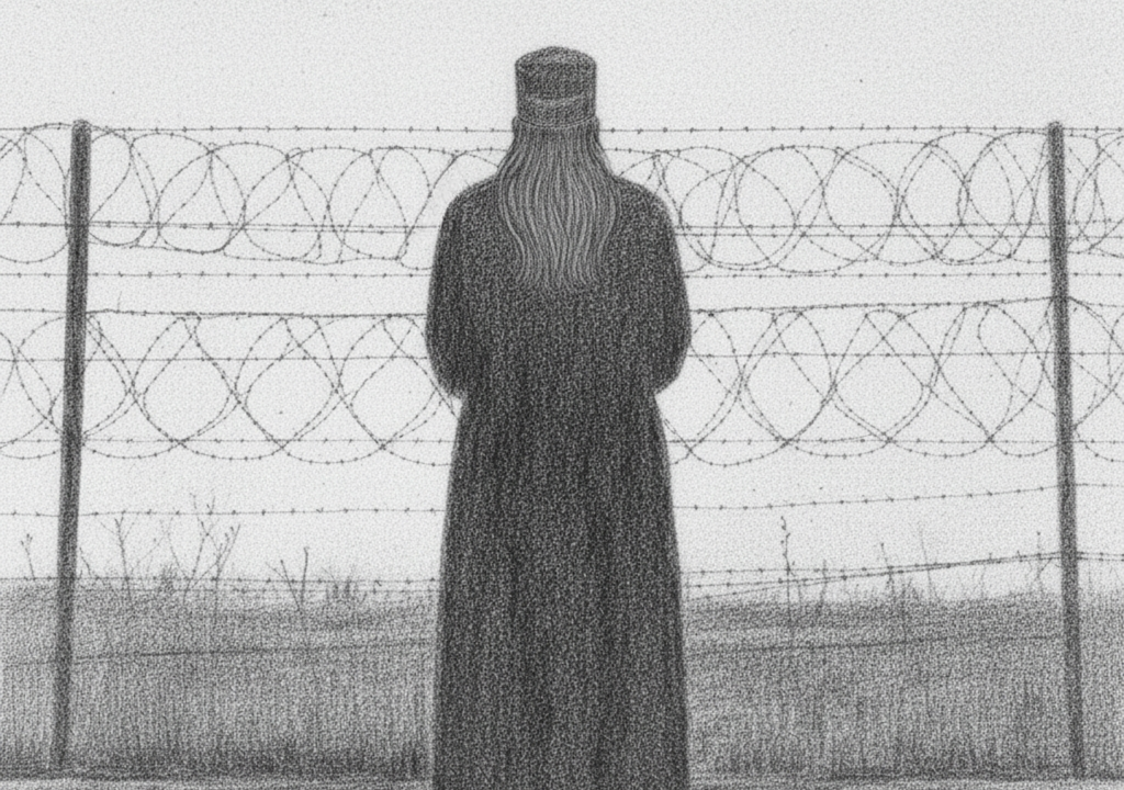 Sketch of an imprisoned priest, looking out beyond the barbed wire fence that detains him.