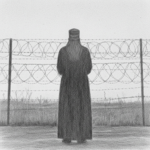 Sketch of an imprisoned priest, looking out beyond the barbed wire fence that detains him.