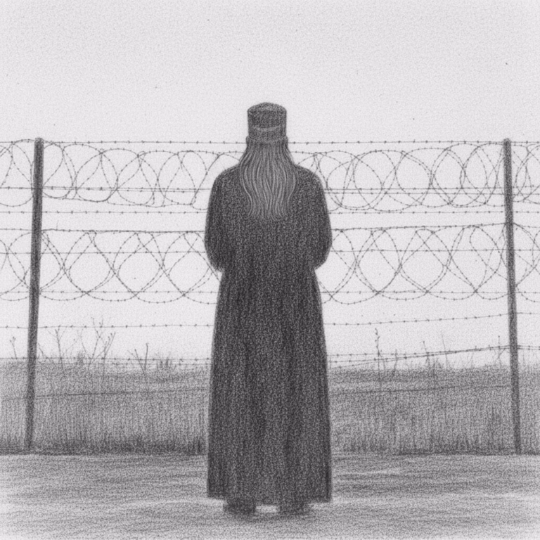 Sketch of an imprisoned priest, looking out beyond the barbed wire fence that detains him.