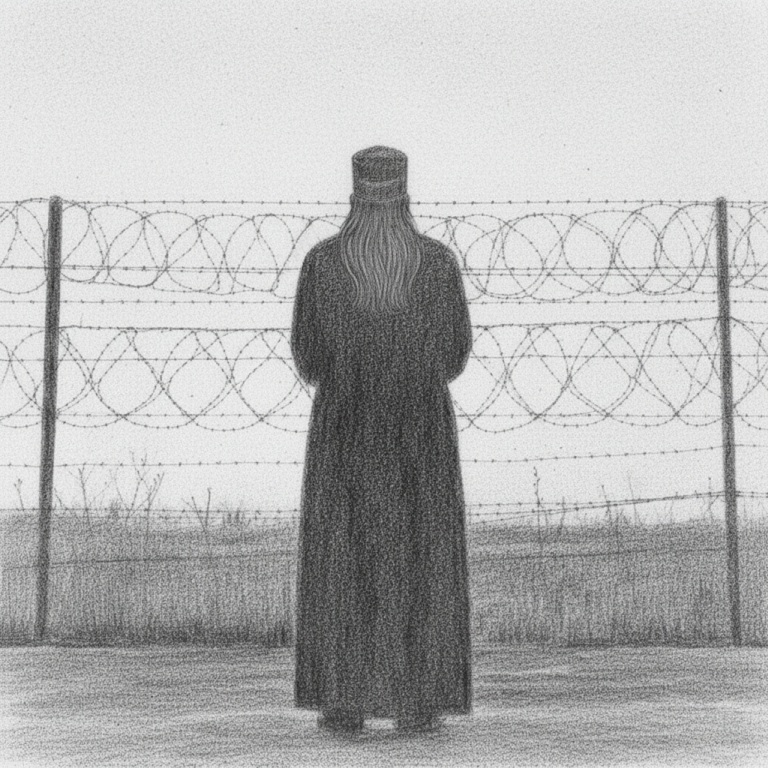 Sketch of an imprisoned priest, looking out beyond the barbed wire fence that detains him.