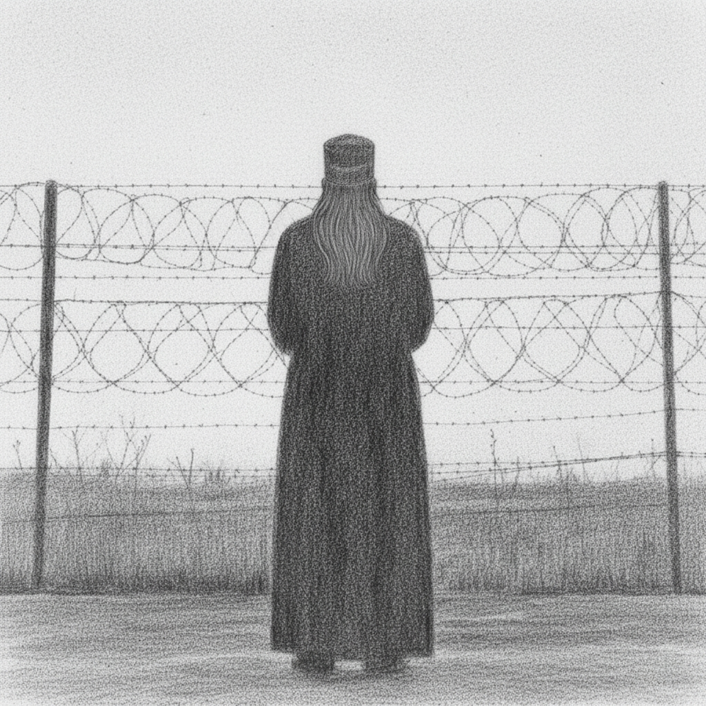Sketch of an imprisoned priest, looking out beyond the barbed wire fence that detains him.
