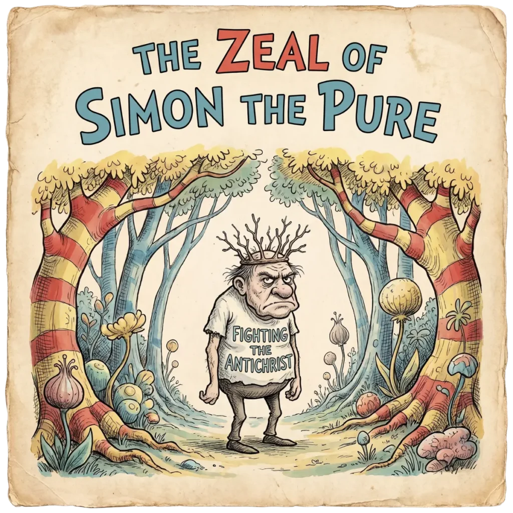 A mock book cover for a Dr. Seuss style book titled "The Zeal of Simon the Pure," featuring a grumpy old man wearing a crown of twigs wearing a t-shirt saying "FIGHTING THE ANTICHRIST."