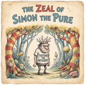 A mock book cover for a Dr. Seuss style book titled "The Zeal of Simon the Pure," featuring a grumpy old man wearing a crown of twigs wearing a t-shirt saying "FIGHTING THE ANTICHRIST."